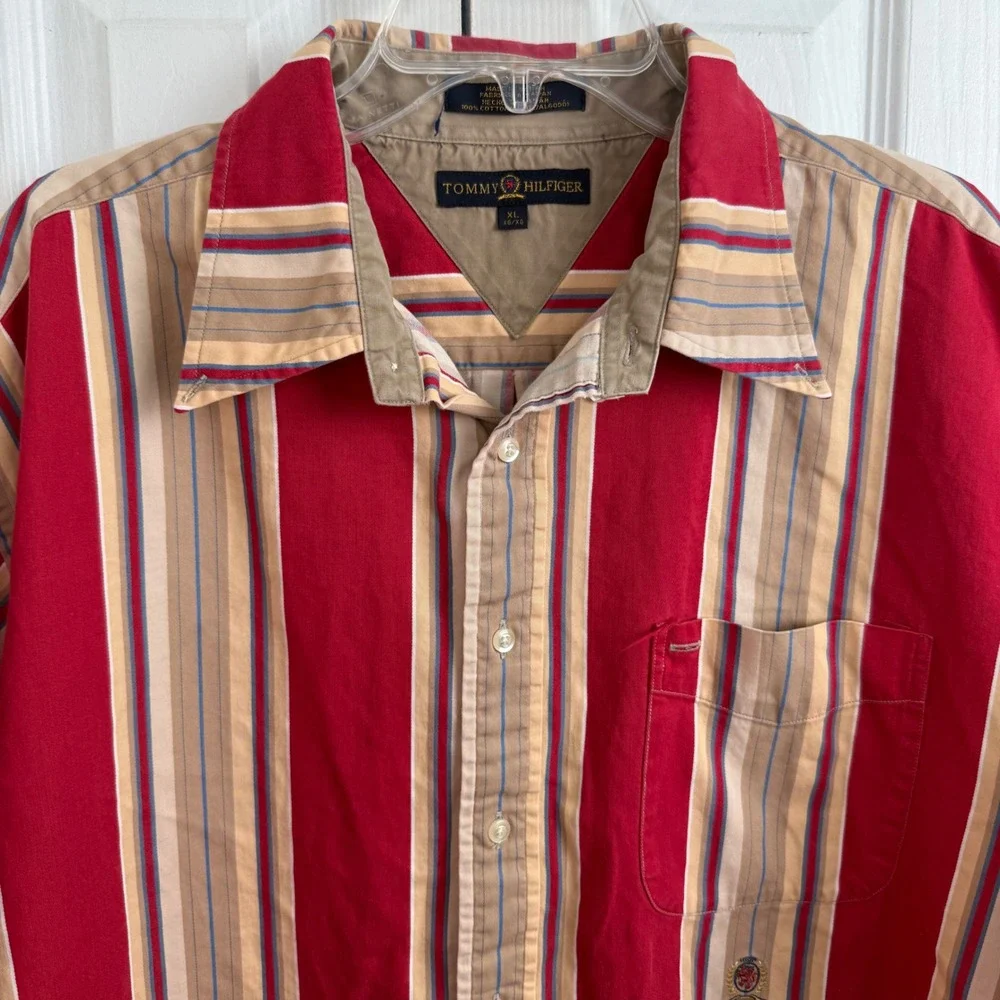 Tommy Hilfiger‎ XL Striped Button Up Shirt Red Tan Crest Logo 90s Y2K Cotton